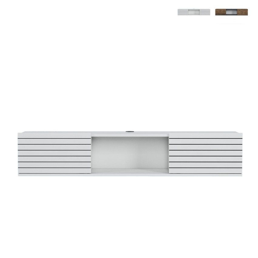 Meuble TV suspendu style minimaliste moderne en bois blanc noir Elano Vente