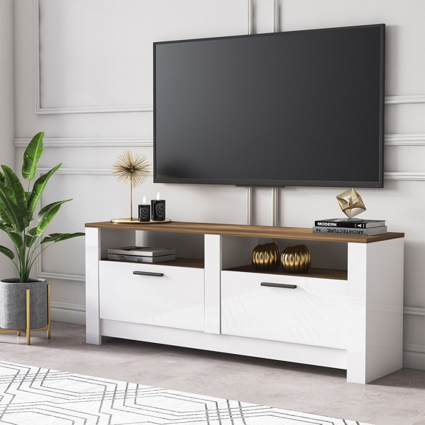 Meuble TV séjour blanc et bois style classique 2 portes Grado Promotion Meuble TV séjour blanc et bois style classique 2 portes Grado Promotion