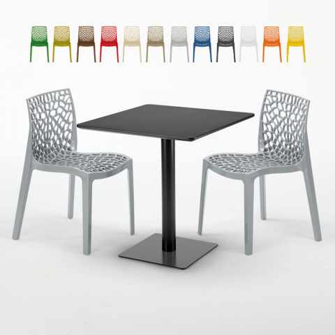 Vierkante tafel 60x60 cm Zwart onderstel en Witte top met 2 gekleurde stoelen Gruyver Kiwi Aanbieding