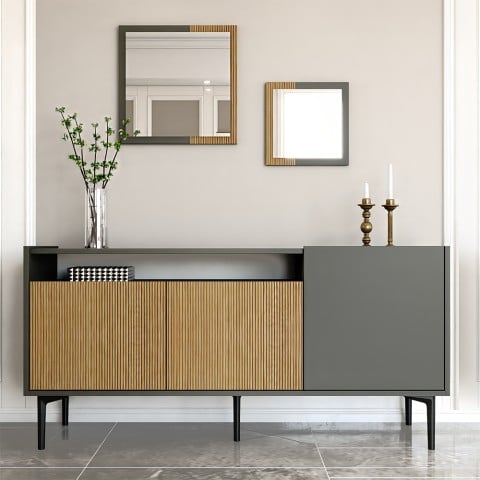 Bahut moderne de salon 150 cm noir avec portes en bois 2 miroirs Fleury Promotion