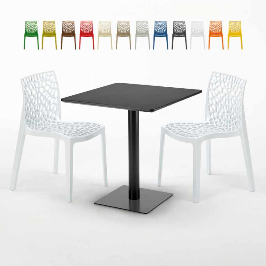 Vierkante tafel 60x60 cm zwarte poot en wit blad met 2 gekleurde stoelen Gruyver Kiwi Aanbod Vierkante tafel 60x60 cm zwarte poot en wit blad met 2 gekleurde stoelen Gruyver Kiwi Aanbod