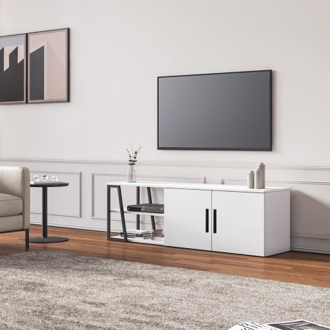 Meuble de salon TV 150 cm moderne blanc laqué noir 2 portes Hyères Promotion