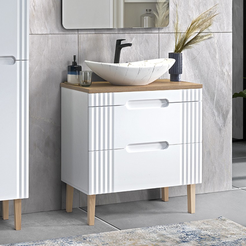 Wit en houten badkamermeubel met wastafel in marmereffect Fiji Aanbieding Wit en houten badkamermeubel met wastafel in marmereffect Fiji Aanbieding