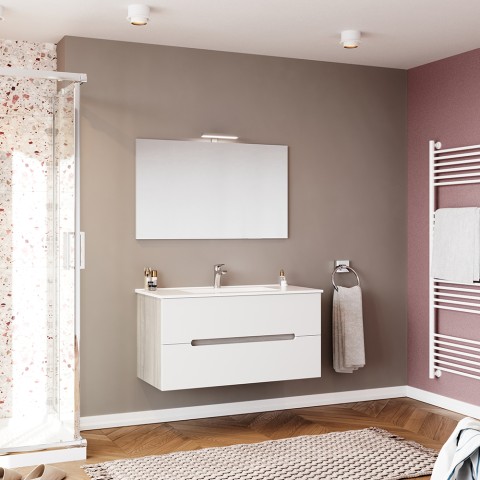 Hangend badkamermeubel 100 cm wit grijs met wastafel, spiegel en verlichting Iris 100 Aanbieding