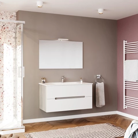 Mobiele badkamer hangend wit grijs wastafel 100cm spiegel licht Iris 100. Aanbieding