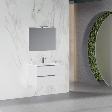 Wit hangend badkamermeubel 80 cm met wastafel en spiegel met LED-verlichting Oikos 80 Aanbieding
