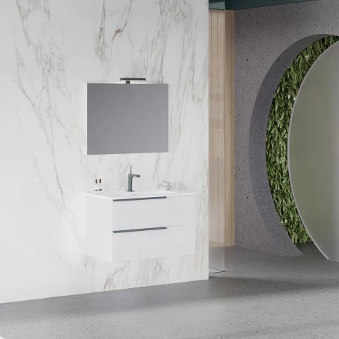 Witte zwevende badkamermeubel 80 cm met wastafel en LED-spiegel Oikos 80 Aanbieding