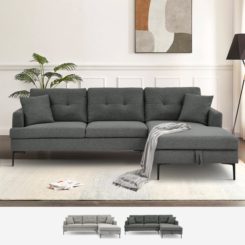 Canapé d'angle 3 places avec méridienne et coffre en tissu gris Agadir Vente Canapé d'angle 3 places avec méridienne et coffre en tissu gris Agadir Vente