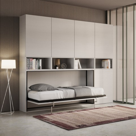 Lit escamotable gain de place horizontal matelas simple blanc Kando C Promotion