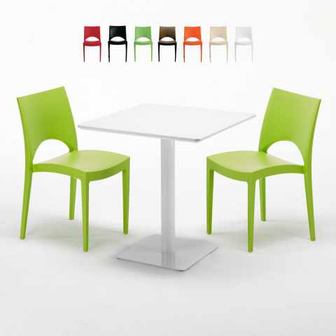 Vierkante salontafel wit 60x60 cm met stalen onderstel en 2 gekleurde stoelen Paris Meringue Aanbieding