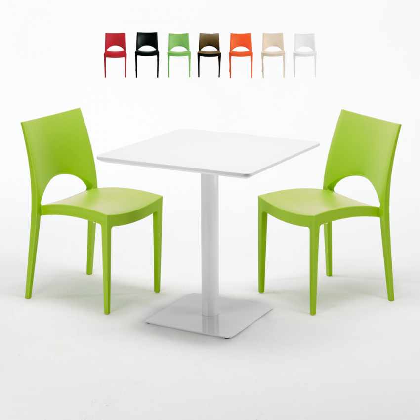 Vierkante salontafel wit 60x60 cm en 2 gekleurde stoelen Paris Meringue Aanbieding Vierkante salontafel wit 60x60 cm en 2 gekleurde stoelen Paris Meringue Aanbieding