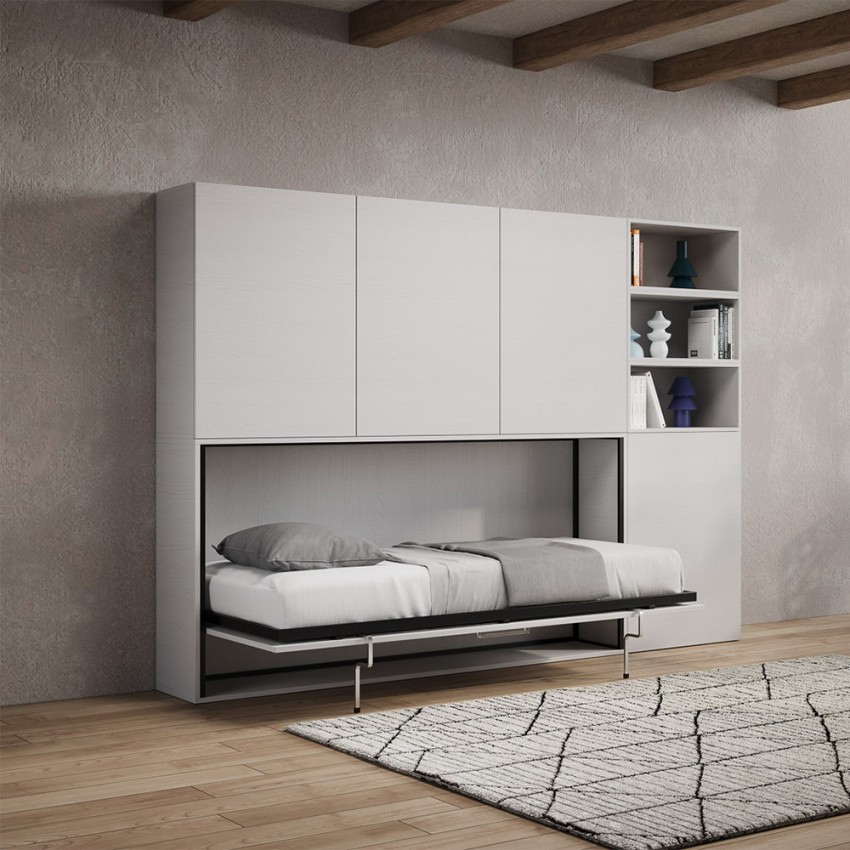 Lit escamotable simple horizontal avec bibliothèque blanc Kando F Promotion Lit escamotable simple horizontal avec bibliothèque blanc Kando F Promotion