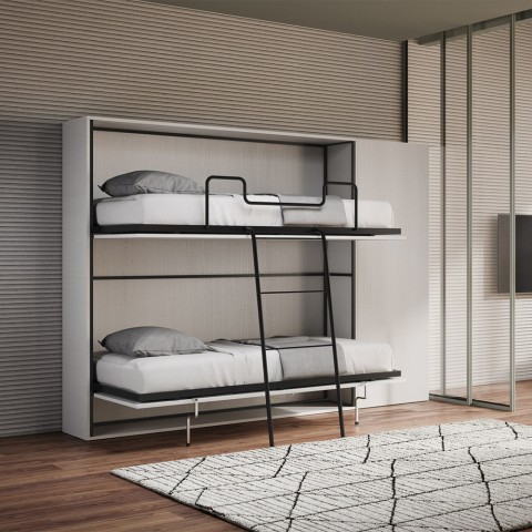 Lit superposé escamotable double blanc moderne avec armoire Kando H Promotion