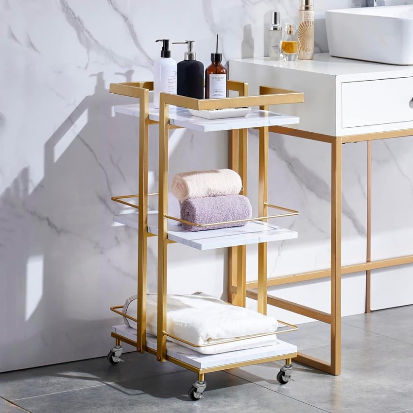 Verrijdbare trolley voor schoonheidsspecialist en kapper in goud metaal en marmer effect Mawi Aanbieding Verrijdbare trolley voor schoonheidsspecialist en kapper in goud metaal en marmer effect Mawi Aanbieding