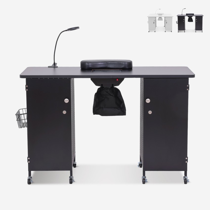 Manicuretafel met wielen, afzuiging en lamp in wit of zwart Talos Aanbieding Manicuretafel met wielen, afzuiging en lamp in wit of zwart Talos Aanbieding