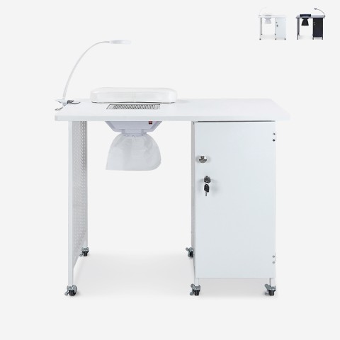 Witte of zwarte manicuretafel met afzuiging met wielen en lamp Klea Aanbieding