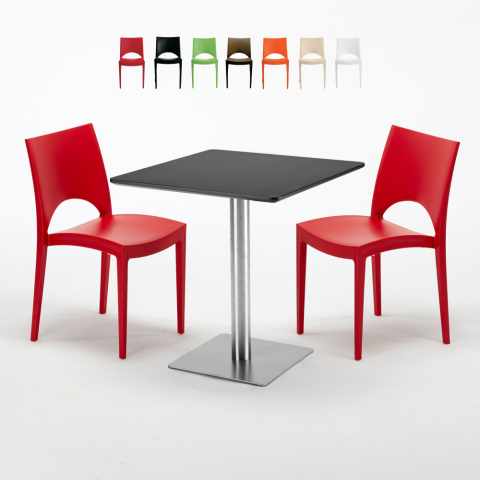 Table carrée noire 70x70 avec 2 chaises colorées Paris Rum Raisin Promotion