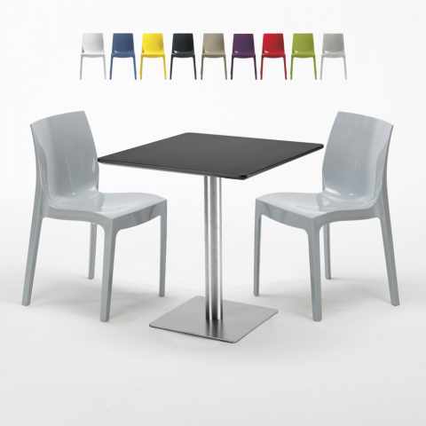 Table carrée noire 70x70 avec 2 chaises colorées Ice RUM RAISIN