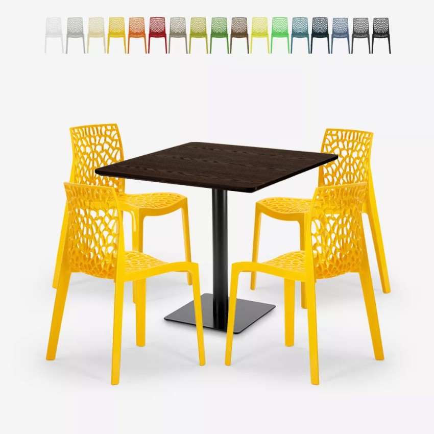Horeca set met salontafel 90x90 cm en 4 stapelbare design stoelen Dustin Horeca set met salontafel 90x90 cm en 4 stapelbare design stoelen Dustin