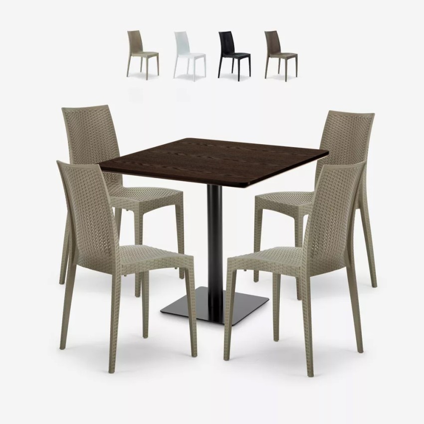 Ensemble Table Bois 90x90cm Horeca et 4 Chaises Empilables Poly RotinBar Restaurant Café Barrett Réductions Ensemble Table Bois 90x90cm Horeca et 4 Chaises Empilables Poly RotinBar Restaurant Café Barrett Réductions