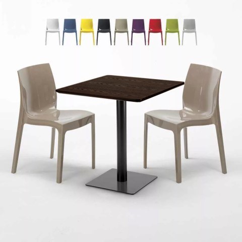 Vierkante Tafel 70x70 cm houteffect blad met 2 gekleurde stoelen Ice Melon Aanbieding