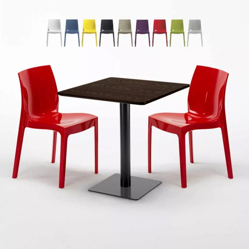Vierkante Tafel 70x70 cm houteffect blad met 2 gekleurde stoelen Ice Melon Karakteristieken Vierkante Tafel 70x70 cm houteffect blad met 2 gekleurde stoelen Ice Melon Karakteristieken