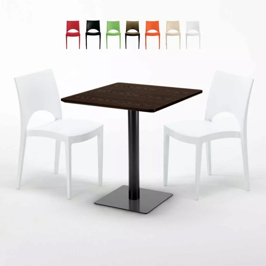 Vierkante Tafel 70x70 cm houteffect met 2 gekleurde stoelen Paris Melon Kortingen Vierkante Tafel 70x70 cm houteffect met 2 gekleurde stoelen Paris Melon Kortingen