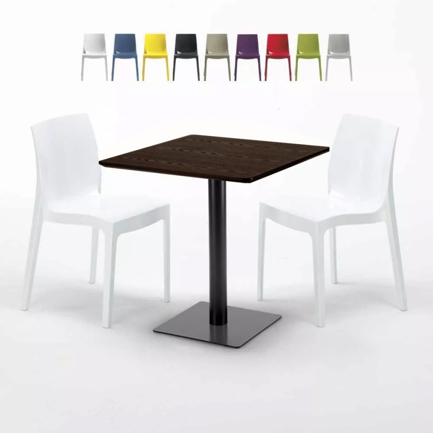 Vierkante tafel 60x60 cm houteffect blad met 2 gekleurde stoelen Ice Kiss Voorraad Vierkante tafel 60x60 cm houteffect blad met 2 gekleurde stoelen Ice Kiss Voorraad