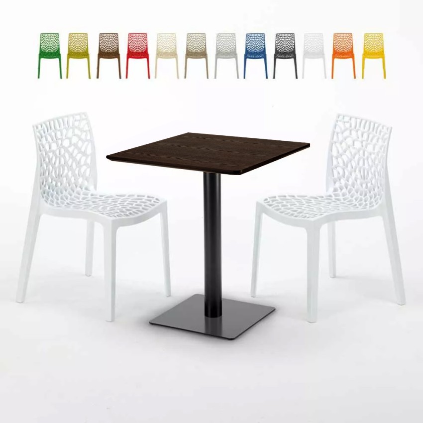 Vierkante tafel 60x60 cm zwart onderstel en houten blad met 2 gekleurde stoelen Gruvyer Kiss Voorraad Vierkante tafel 60x60 cm zwart onderstel en houten blad met 2 gekleurde stoelen Gruvyer Kiss Voorraad