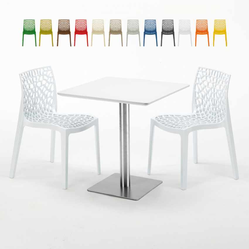 Vierkante salontafel wit 60x60 cm en 2 gekleurde stoelen Gruyver Strawberry Aanbod Vierkante salontafel wit 60x60 cm en 2 gekleurde stoelen Gruyver Strawberry Aanbod