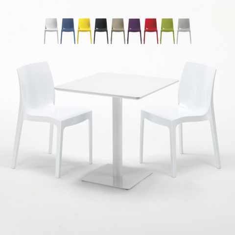 Table carrée 70x70 blanche avec 2 chaises colorées Ice Meringue
