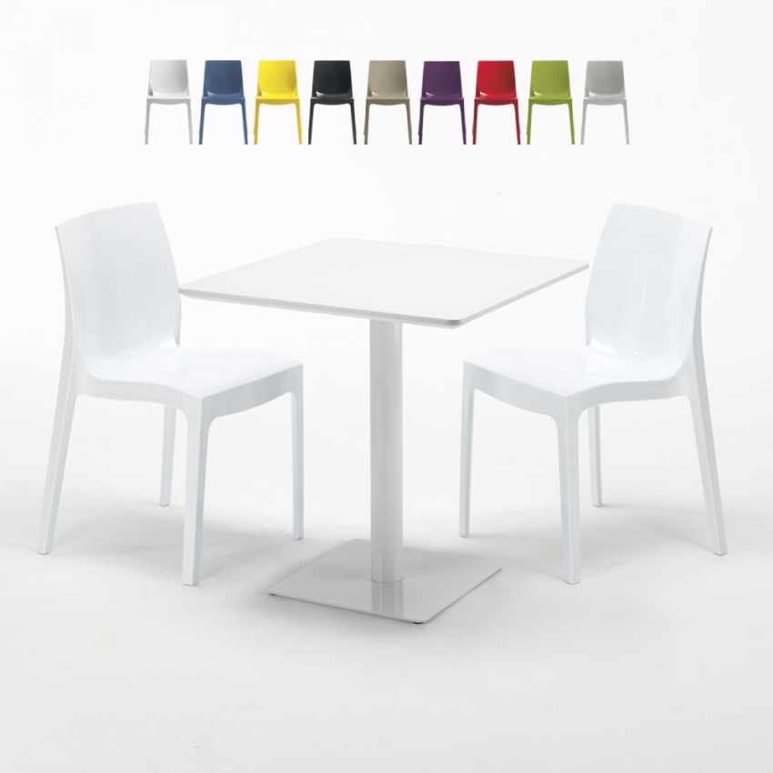 Vierkante salontafel wit 70x70 cm en 2 gekleurde stoelen Ice Meringue Aanbieding Vierkante salontafel wit 70x70 cm en 2 gekleurde stoelen Ice Meringue Aanbieding