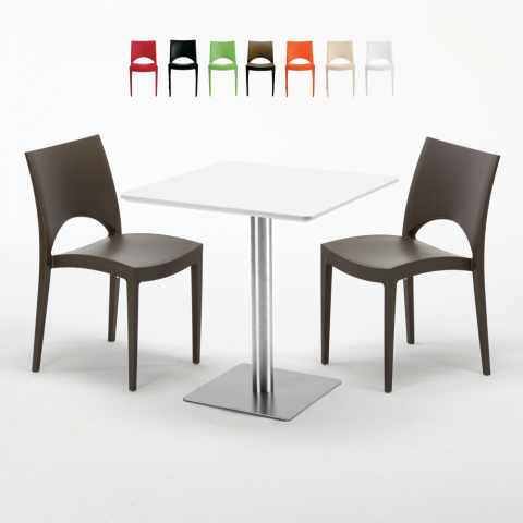 Table carrée blanche 70x70 avec pied en acier et 2 chaises colorées Paris Strawberry Promotion
