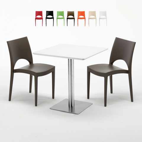 Vierkante salontafel wit 60x60 cm en 2 gekleurde stoelen Paris Strawberry Aanbieding
