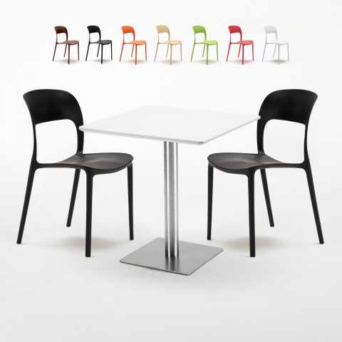 Table carrée 70x70 blanche pied en acier et 2 chaises colorées Restaurant Strawberry