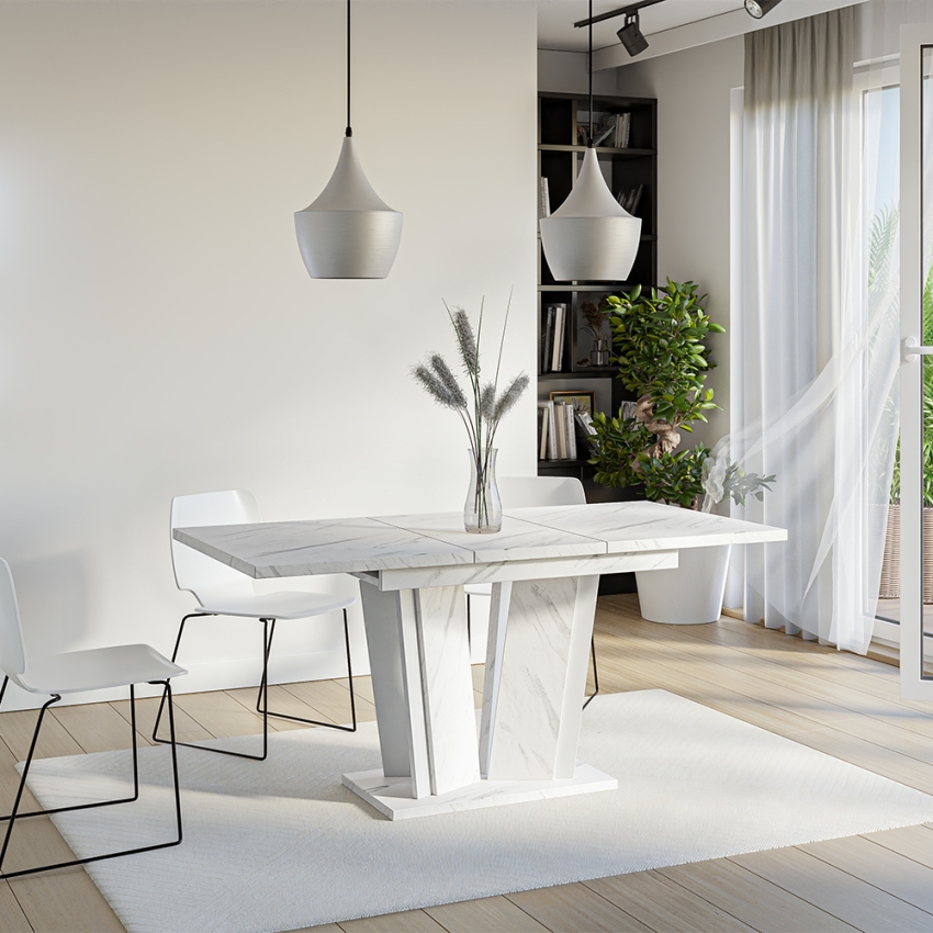 Uitschuifbare witte keukentafel met marmeren effect 120-160x80 cm Doha 2 Aanbieding Uitschuifbare witte keukentafel met marmeren effect 120-160x80 cm Doha 2 Aanbieding