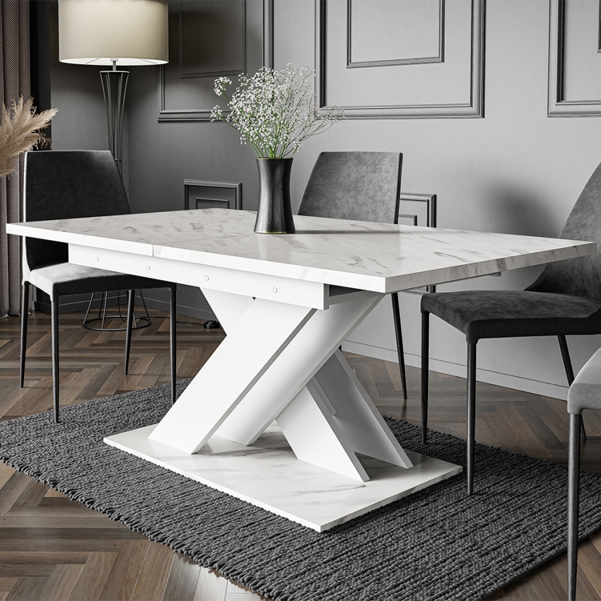 Uitschuifbare tafel 140-180 cm met wit marmereffect en modern design Bronx Aanbieding Uitschuifbare tafel 140-180 cm met wit marmereffect en modern design Bronx Aanbieding