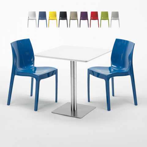 Vierkante salontafel wit 60x60 cm en 2 gekleurde stoelen Ice Strawberry Aanbieding