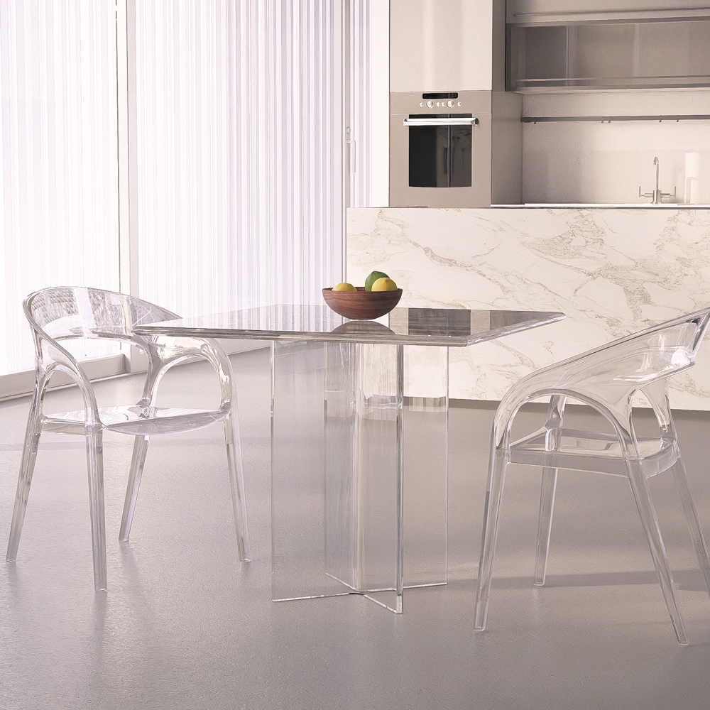 Vierkante transparante polycarbonaat eettafel 80x80 cm Holden Aanbieding Vierkante transparante polycarbonaat eettafel 80x80 cm Holden Aanbieding