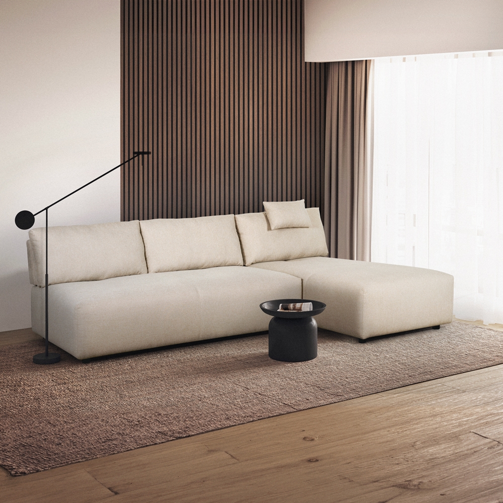 Beige 3-zits modulaire hoekbank met verplaatsbare chaise longue Mozy Aanbieding Beige 3-zits modulaire hoekbank met verplaatsbare chaise longue Mozy Aanbieding
