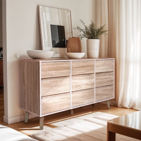 Commode en bois salon chambre 9 tiroirs 120x40x72cm Vudan Promotion
