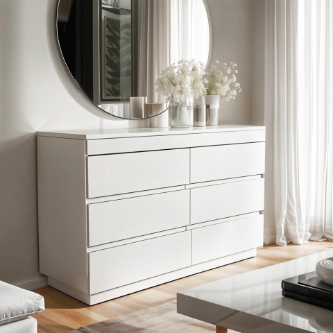 Commode chambre 6 tiroirs blanc et bois Dainis Promotion