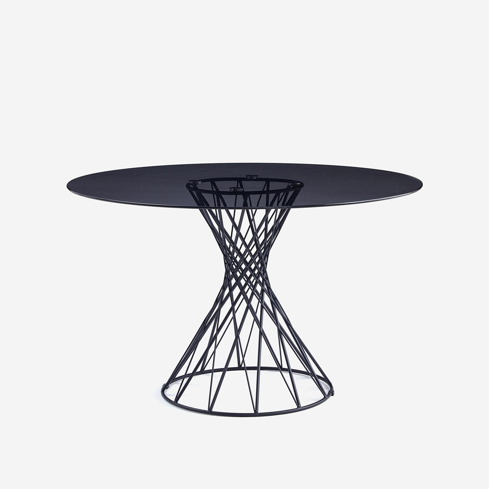 Moderne ronde design tafel 120 cm in zwart met grijs glazen blad Naji Aanbieding Moderne ronde design tafel 120 cm in zwart met grijs glazen blad Naji Aanbieding