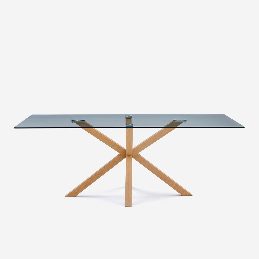 Table de design en verre et bois 200x100cm avec pieds croisés Horo Promotion
