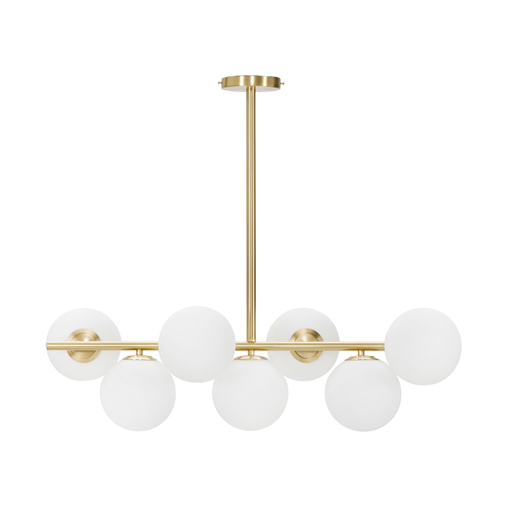 Suspension moderne design en métal doré et globes en verre blanc Glamy 7 Promotion Suspension moderne design en métal doré et globes en verre blanc Glamy 7 Promotion