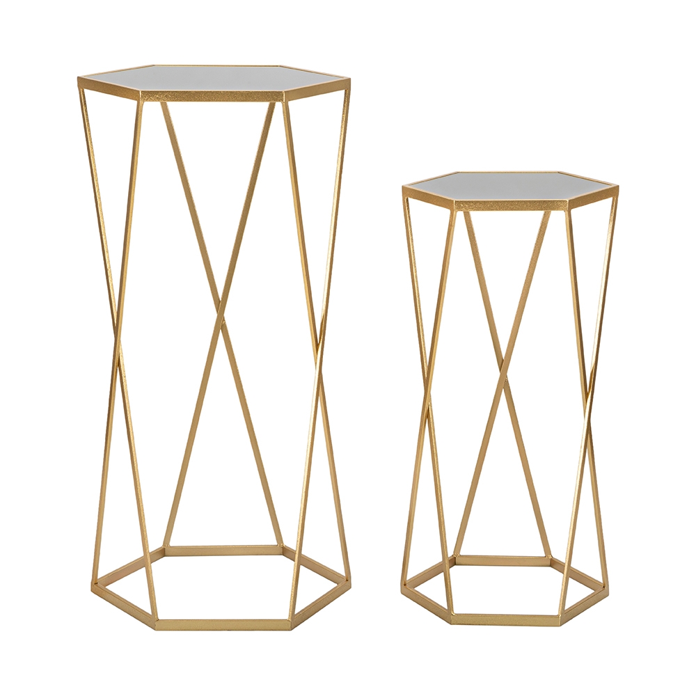 Set van 2 hexagonale bijzettafels voor de woonkamer in goudkleurig metaal en spiegel Esagonal Aanbieding