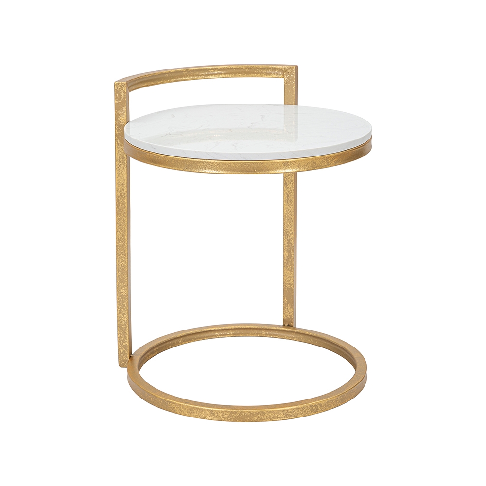 Ronde salontafel en bank in goudkleurig metaal met wit marmeren blad Round Aanbieding Ronde salontafel en bank in goudkleurig metaal met wit marmeren blad Round Aanbieding