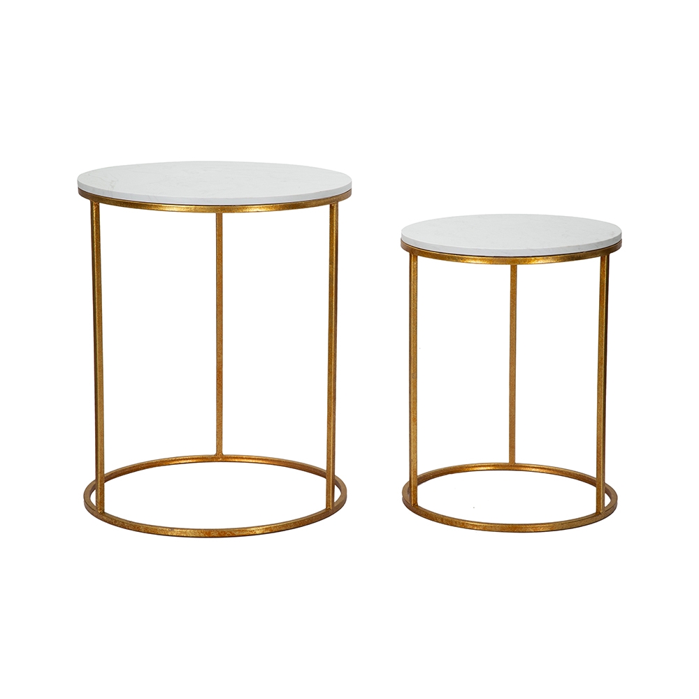 Set van 2 glam eigentijdse ronde salontafels goudkleurig metaal en marmer Simply Aanbieding Set van 2 glam eigentijdse ronde salontafels goudkleurig metaal en marmer Simply Aanbieding