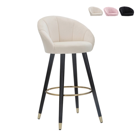 Tabouret de bar cuisine en velours et pieds en bois noir et doré h80cm Prague Promotion