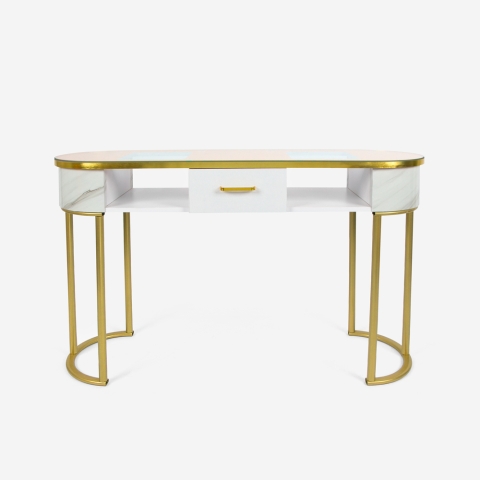 Salontafel voor glazen en gouden metalen schoonheidstafel met marmeren effect Jess Aanbieding